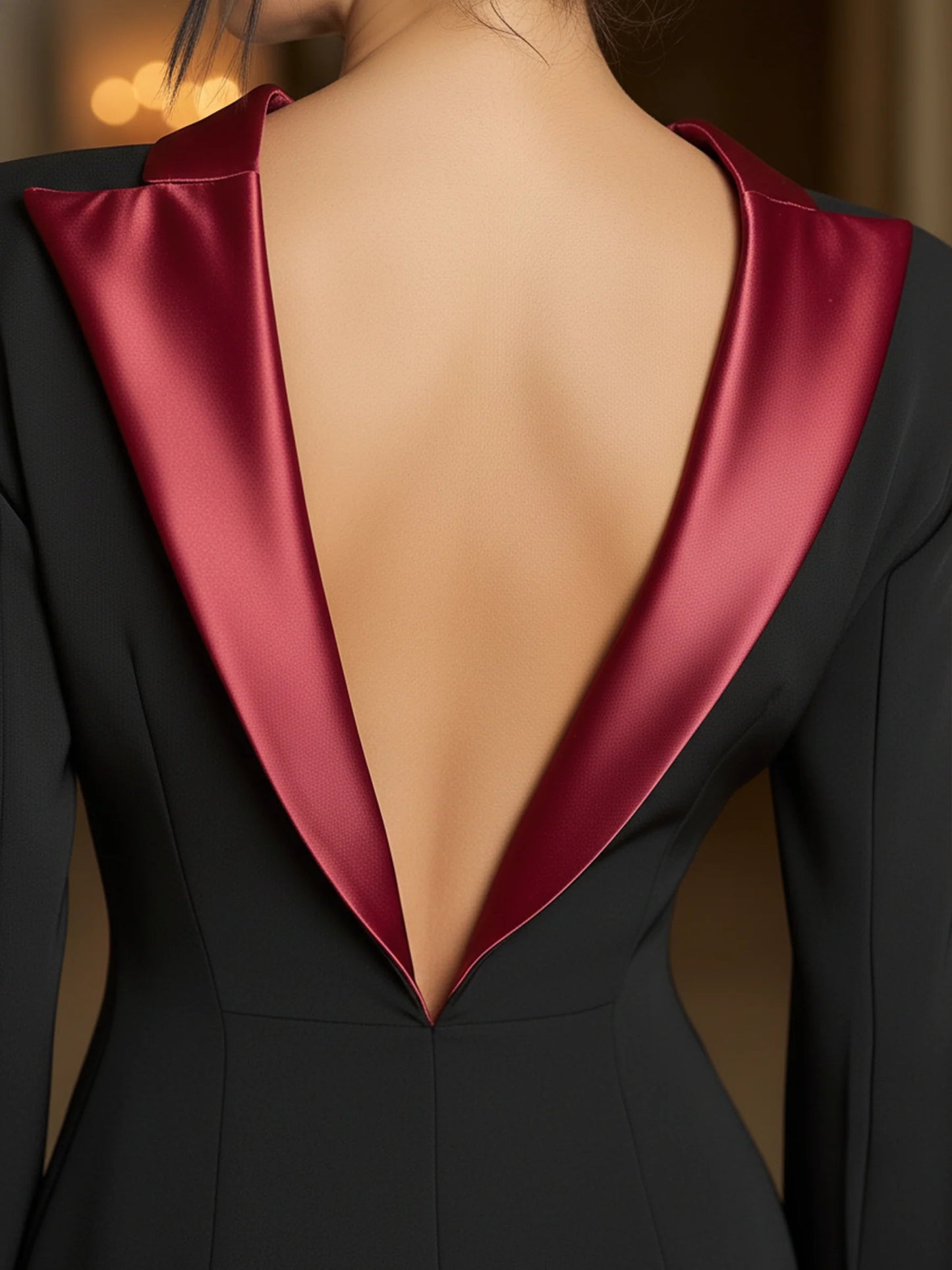 Chicbloom Black Red Satin Blazer Dress - Open Back Long Sleeve