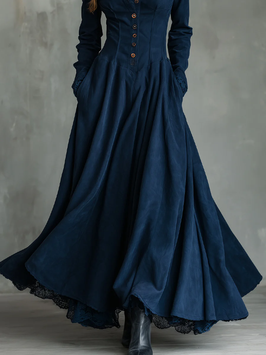 Chicbloom Navy Blue Suede Maxi Dress - Button Front Collar