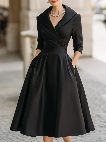 Chicyis Black Satin Midi Dress - V-Neck & Pleated A-Line Fit - CHICYIS