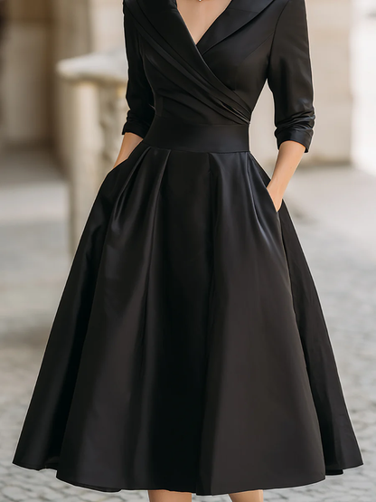 Chicyis Black Satin Midi Dress - V-Neck & Pleated A-Line Fit - CHICYIS