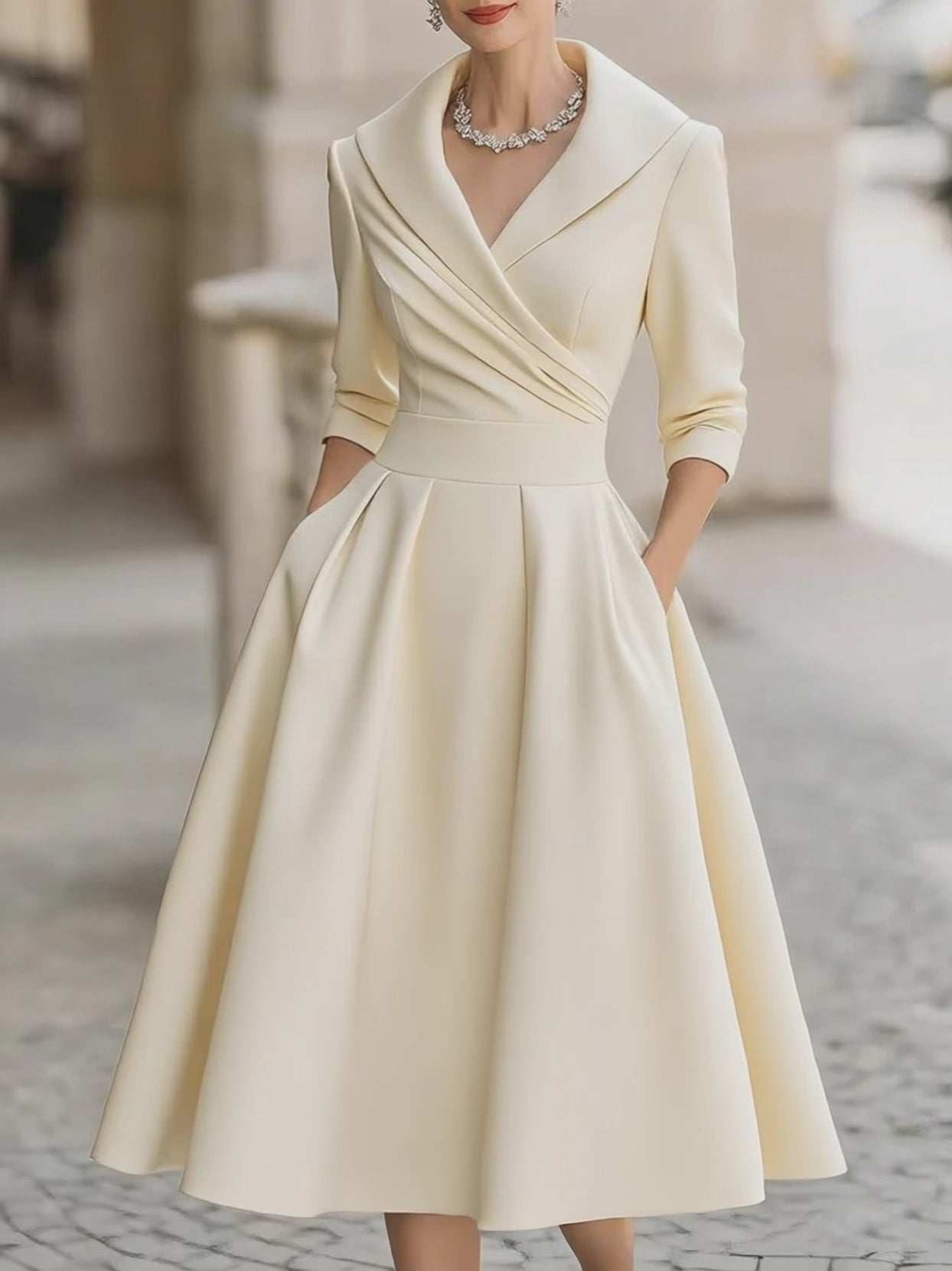 Chicyis Black Satin Midi Dress - V-Neck & Pleated A-Line Fit - CHICYIS