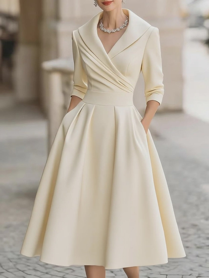 Chicyis Black Satin Midi Dress - V-Neck & Pleated A-Line Fit - CHICYIS