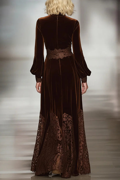 Chicbloom Brown Velvet Maxi Dress - Turtleneck Lace Trim