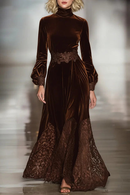 Chicbloom Brown Velvet Maxi Dress - Turtleneck Lace Trim