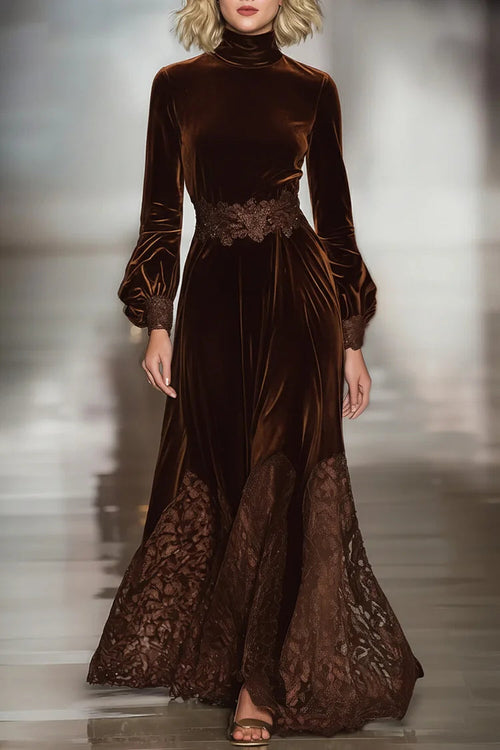 Chicbloom Brown Velvet Maxi Dress - Turtleneck Lace Trim