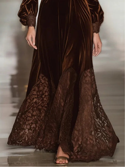 Chicbloom Brown Velvet Maxi Dress - Turtleneck Lace Trim