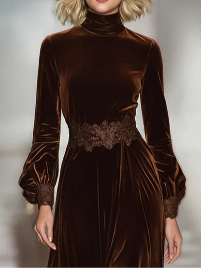 Chicbloom Brown Velvet Maxi Dress - Turtleneck Lace Trim