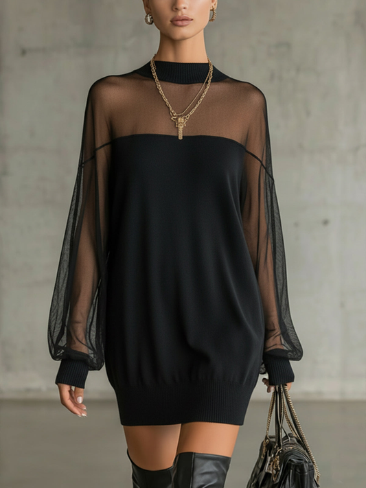 Chicbloom Black Sheer Mesh Sleeve High Neck Mini Dress