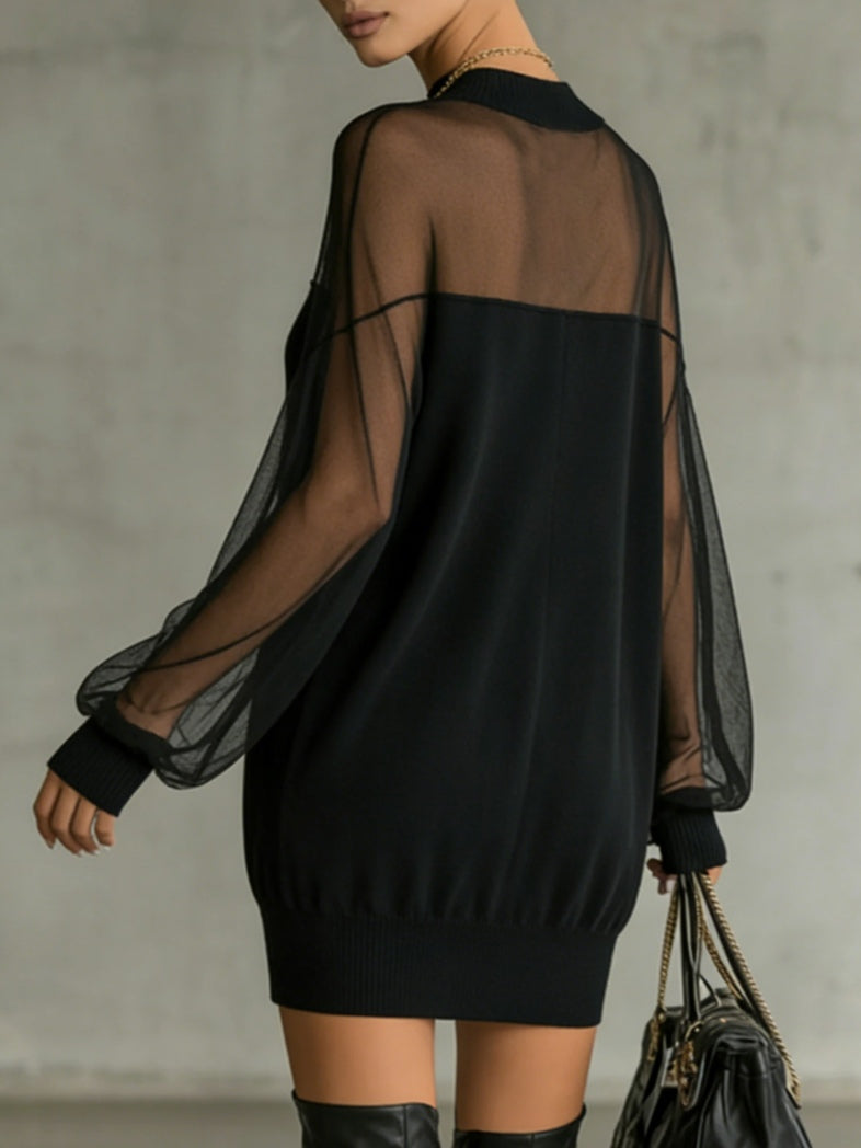 Chicbloom Black Sheer Mesh Sleeve High Neck Mini Dress