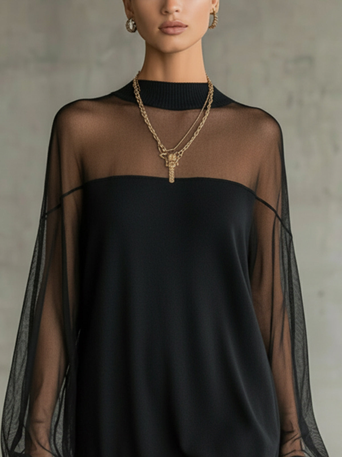 Chicbloom Black Sheer Mesh Sleeve High Neck Mini Dress