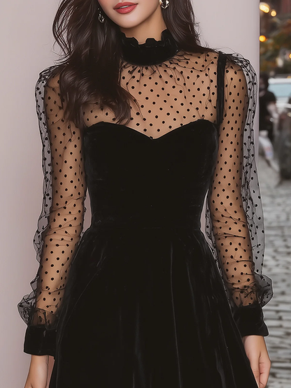 Chicbloom Black Polka Dot Mini Dress - Velvet Sheer Sleeve