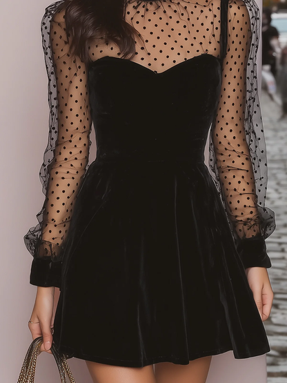 Chicbloom Black Polka Dot Mini Dress - Velvet Sheer Sleeve