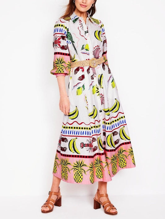 Chicbloom Tropical Carnival Shirt Dress - Banana & Lobster Print