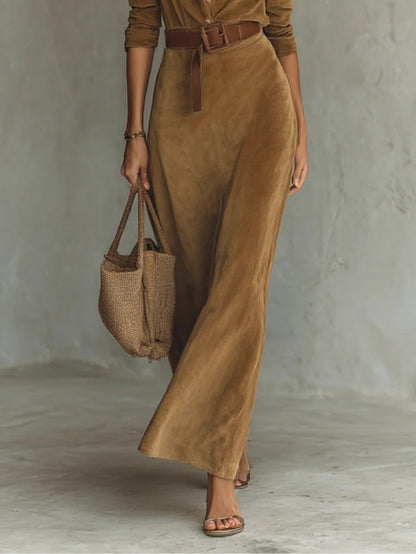 Chicbloom Suede Maxi Dress - Collar Button Front Belted Wide Leg