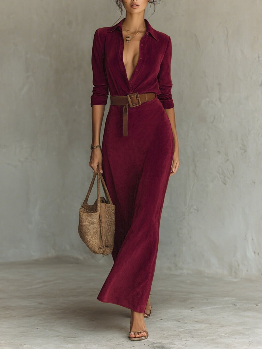 Chicbloom Suede Maxi Dress - Collar Button Front Belted Wide Leg