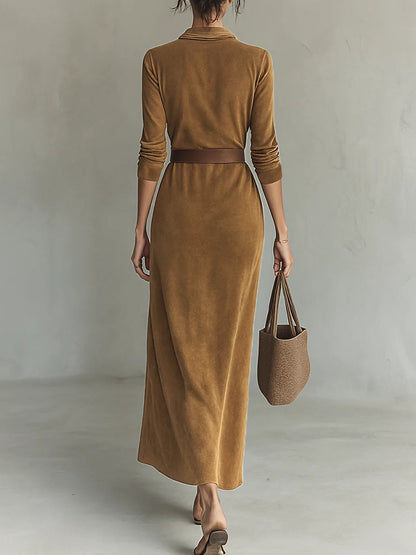 Chicbloom Suede Maxi Dress - Collar Button Front Belted Wide Leg