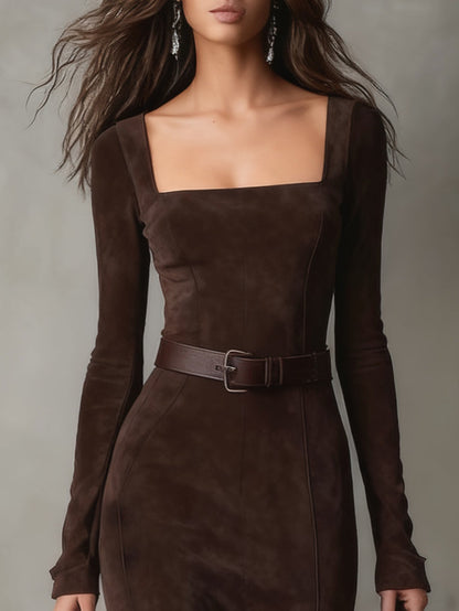 Chicbloom Brown Suede Maxi Dress - Square Neck Long Sleeve