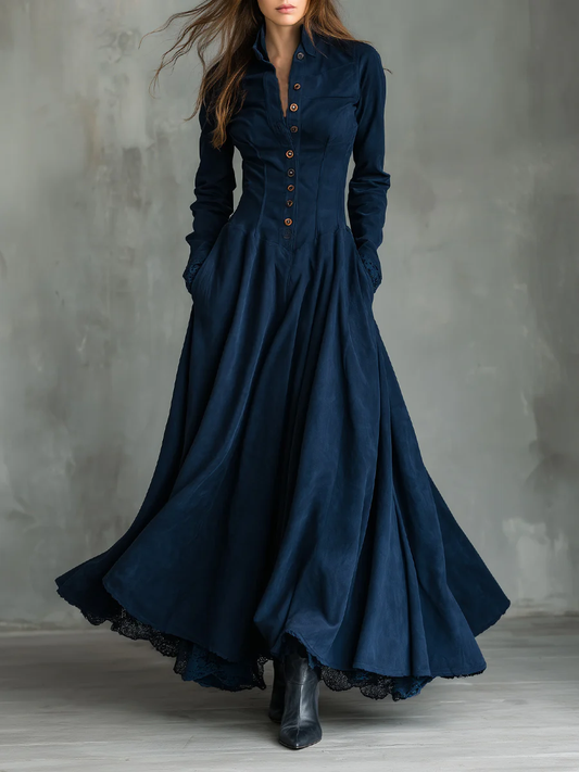 Chicbloom Navy Blue Suede Maxi Dress - Button Front Collar