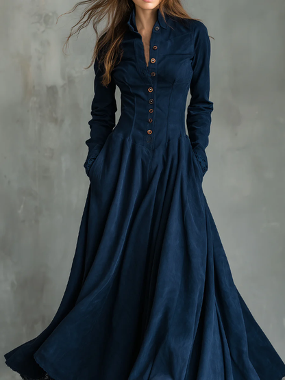Chicbloom Navy Blue Suede Maxi Dress - Button Front Collar