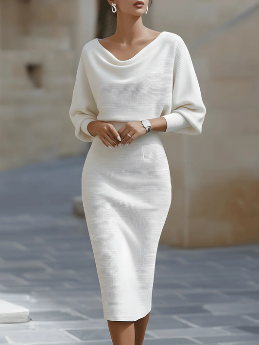 Chicbloom White Draped Midi Dress - Batwing Sleeve Bodycon Fit