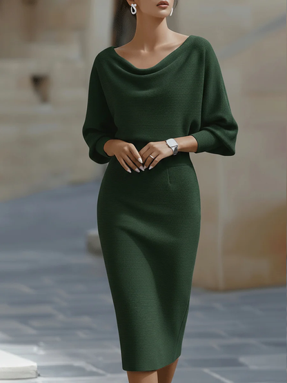 Chicbloom White Draped Midi Dress - Batwing Sleeve Bodycon Fit