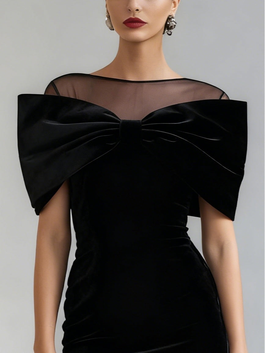 Chicbloom Black Velvet Bow Mesh Yoke Bodycon Mini Dress